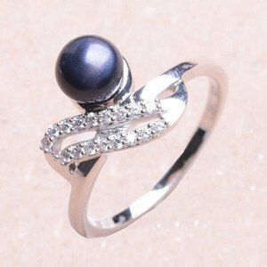 Prsten stříbrný s černou perlou a zirkony Ag 925 017135 BP - 62 mm (US 10), 3,0 g