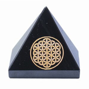 Achát černý pyramida s Květinou života - cca 5 x 4 cm