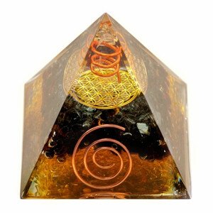 Orgonit pyramida Květina života s granátem a křišťálem - 5 x 5 x 5,5 cm