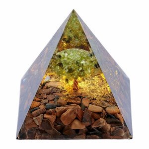 Orgonit pyramida s tygřím okem Strom života z olivínu - 6 x 6 x 6,6 cm