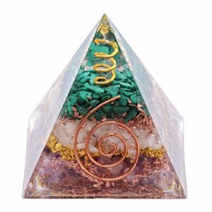 Orgonit pyramida s ametystem, malachitem a křišťálem - 5 x 5 x 5 cm