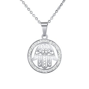 Ocelový náhrdelník s přívěskem ruky Fátimy s křišťálem