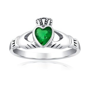 Stříbrný prsten Claddagh se zeleným zirkonem velikost obvod 46 mm