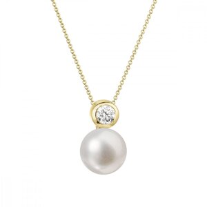 Zlatý 14 karátový náhrdelník s bílou říční perlou a briliantem 92PB00045,Zlatý 14 karátový náhrdelník s bílou říční perlou a briliantem 92PB00045