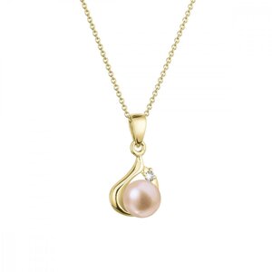 Zlatý 14 karátový náhrdelník s růžovou říční perlou a briliantem 92PB00047 pink,Zlatý 14 karátový náhrdelník s růžovou říční perlou a briliantem 92PB0